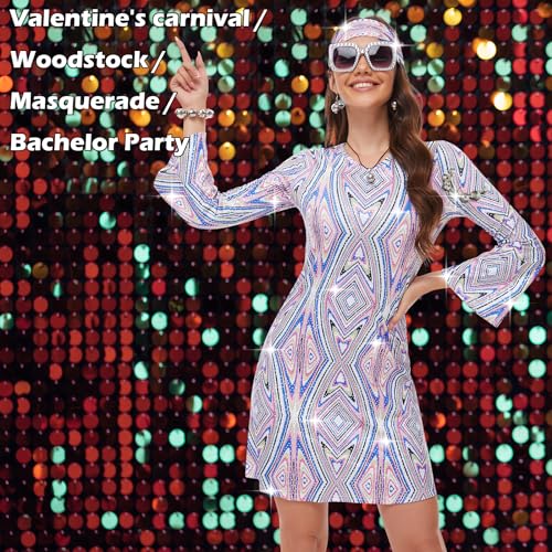 MRYUWB 70s Women Disco Dress Hippie Costumes Necklace Earrings Glasses, 60's 70's Birthday Outfits, 1970s Prom Bling Dress