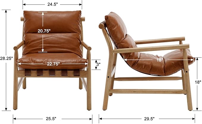 Faux Leather Accent Chair Set of 2 Mid Century Modern Living Room Chairs Comfy Arm Chair with Solid Wood Frame Upholstered Lounge Reading Chair Cozy Recliner for Bedroom/Guest Room, Brown