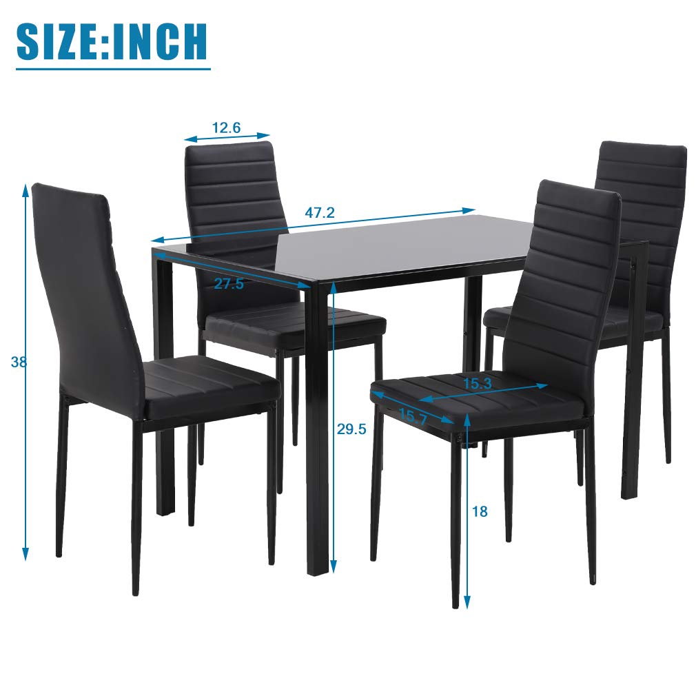 FDW | 5-Piece Dining Table Set | Glass Kitchen Table with 4 Upholstered Chairs | Space-Saving Design | Faux Leather Cushions | Modern Rectangular Table | Black | for Dining Room, Small Spaces