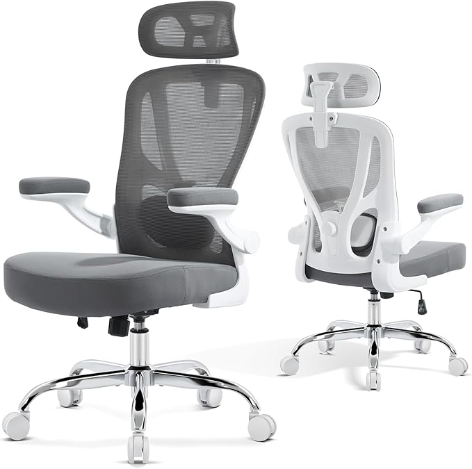 shipborne Office Chair Ergonomic Office Chair with Lumbar Support, Head Support, Rocking Function, FILP-up Armrests, Mesh High Back Chair Home Office Desk Chair, Suitable for Home, Office, Grey