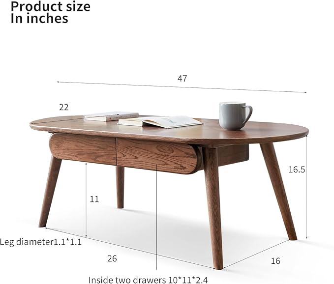 QKFF Solid Wood Coffee Table with Drawers - 100% North American FAS Grade Oak, Traditional Mortise and Tenon Craftsmanship, Low Table for Living Room & Home Office Eco-Friendly Finish