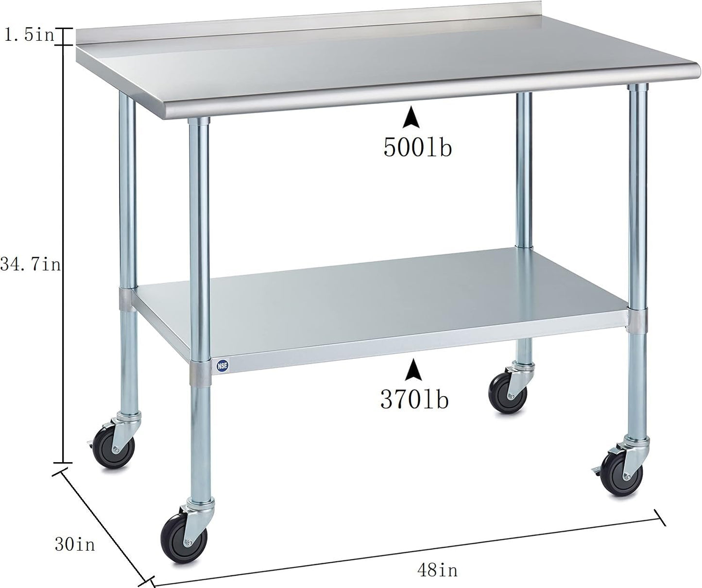 ROCKPOINT Stainless Steel Table for Prep & Work with Backsplash and Caster 30x48 Inches, NSF Metal Commercial Kitchen Table with Adjustable Under Shelf and Table Foot for Restaurant, Home and Hotel