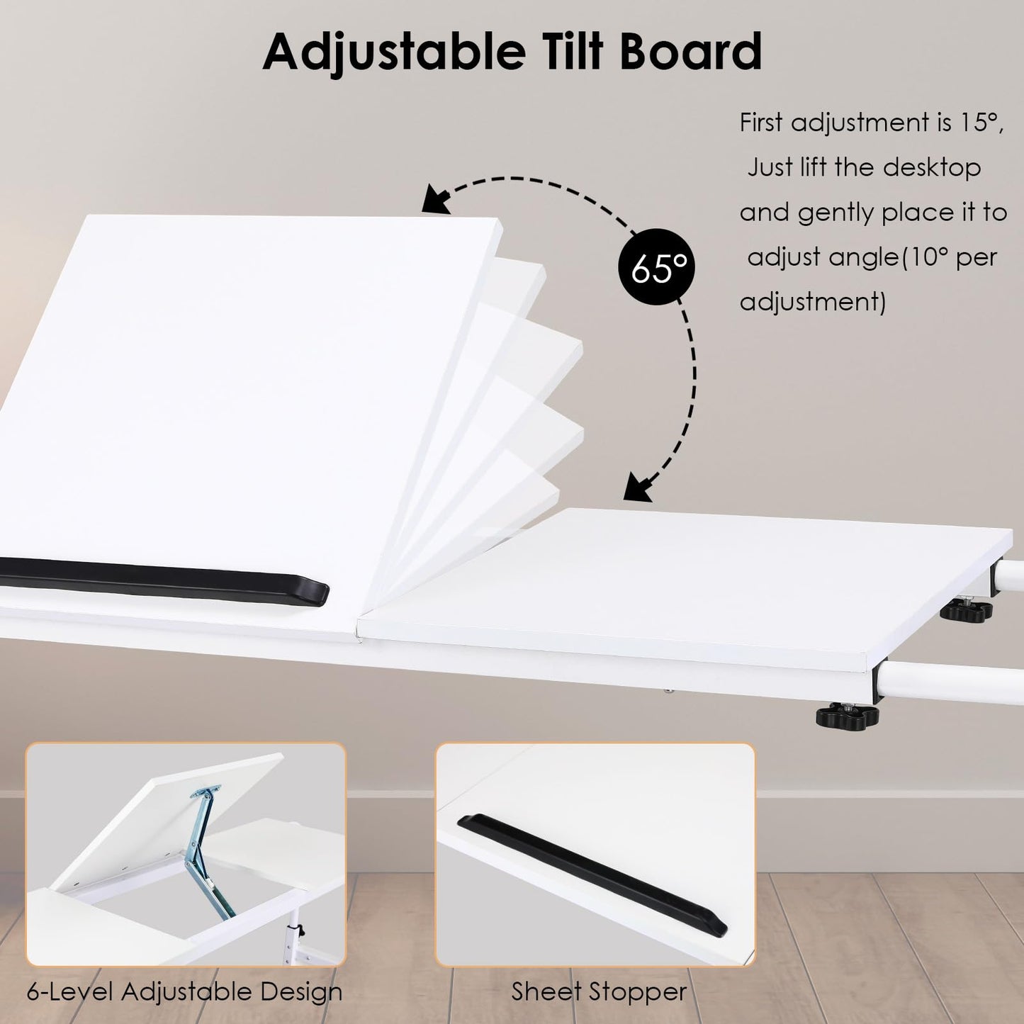 Arlopu Overbed Table with Wheels,60.6-84.2 inches Mobile Bed Desk,Rolling Computer Desk, Laptop Cart,W/0-65°Tilt Stand,4 Heights and 6 Lengths,Side Storage Basket,for Home,Office and Hospital (White)