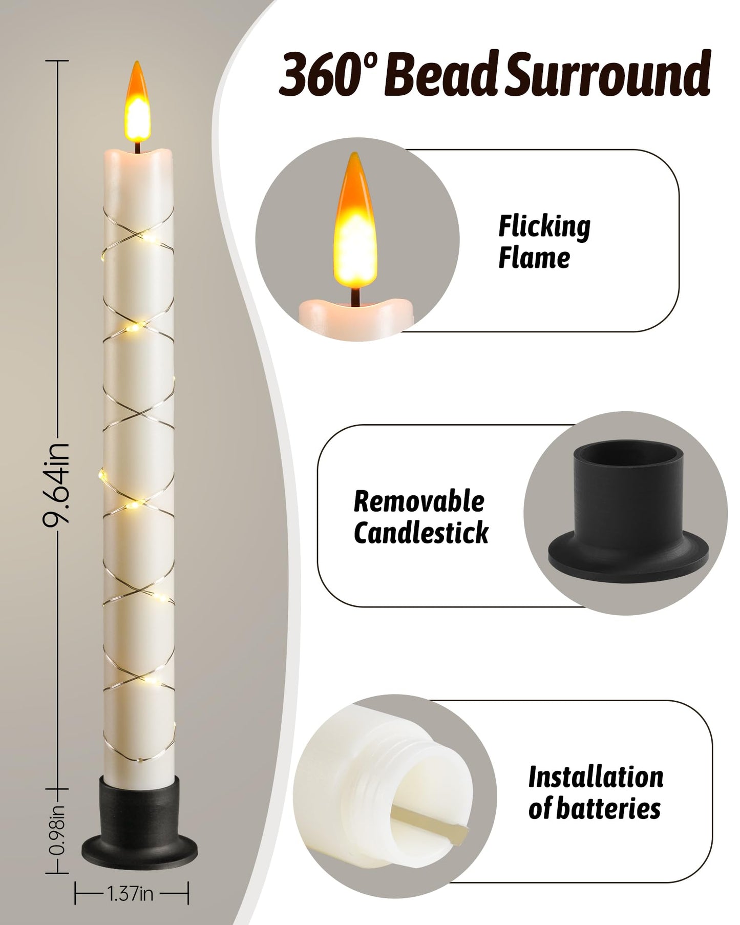 Da by 6 Flameless Window Candles with Remote Control & Timer, Surround String Lights, Battery Powered, 9.6" Christmas Candles, Free 6 Black Bases for Home Décor