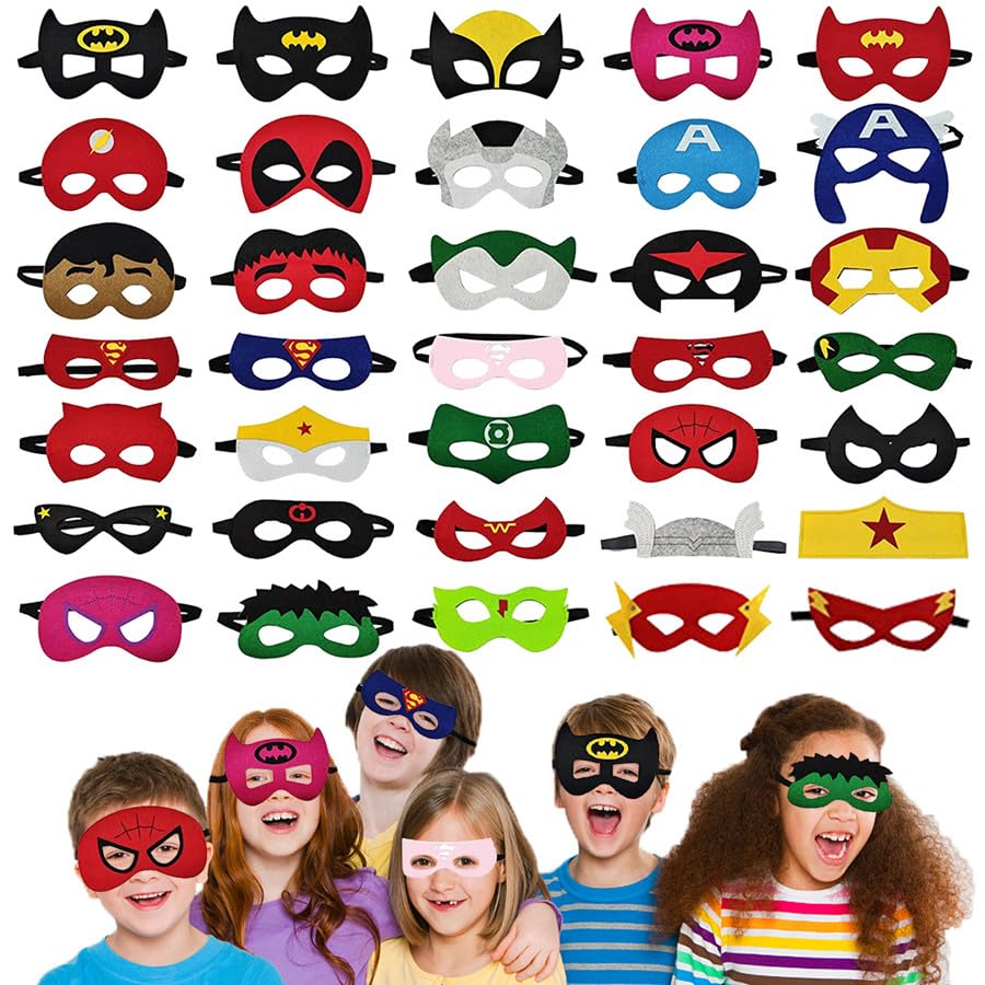 RONGSENI Superhero Masks for Kids Adults, 35pcs Costume Masks Cosplay Eye Masks Party Favors Supplies Birthday Decorations