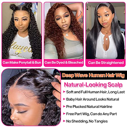 180 Density 13x4 HD Lace Front Wigs Human Hair Pre Plucked with Baby Hair Transparent Glueless Brazilian Deep Wave Frontal Wigs for Women Natural Black Color