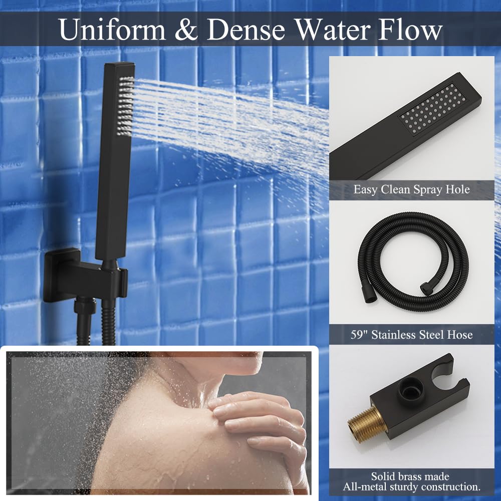 YCAIKOI 12 Inch Matte Black Ceiling Mount Shower System Bathroom Luxury Rain Mixer Shower Combo Set Ceiling Rainfall Shower Head System Faucet Contain Rough-in Valve and Trim Included