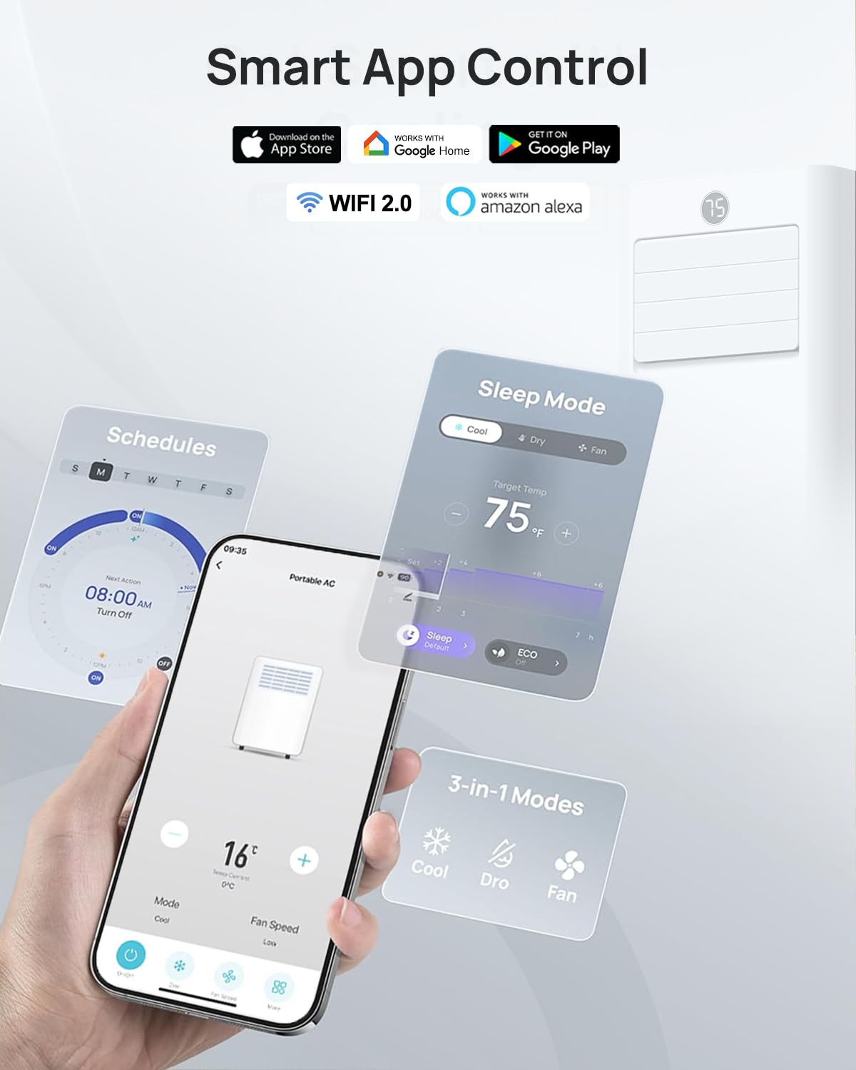 Portable Air Conditioners 16,000 Btu 5-in-1 Smart WiFi AC Unit with APP for Large Rooms up to 750 Sq.Ft, Fast Cooling, Dehumidifier, Fan, Quiet 36dB Sleep Mode 24H, Window Kits for Bedroom Home Office