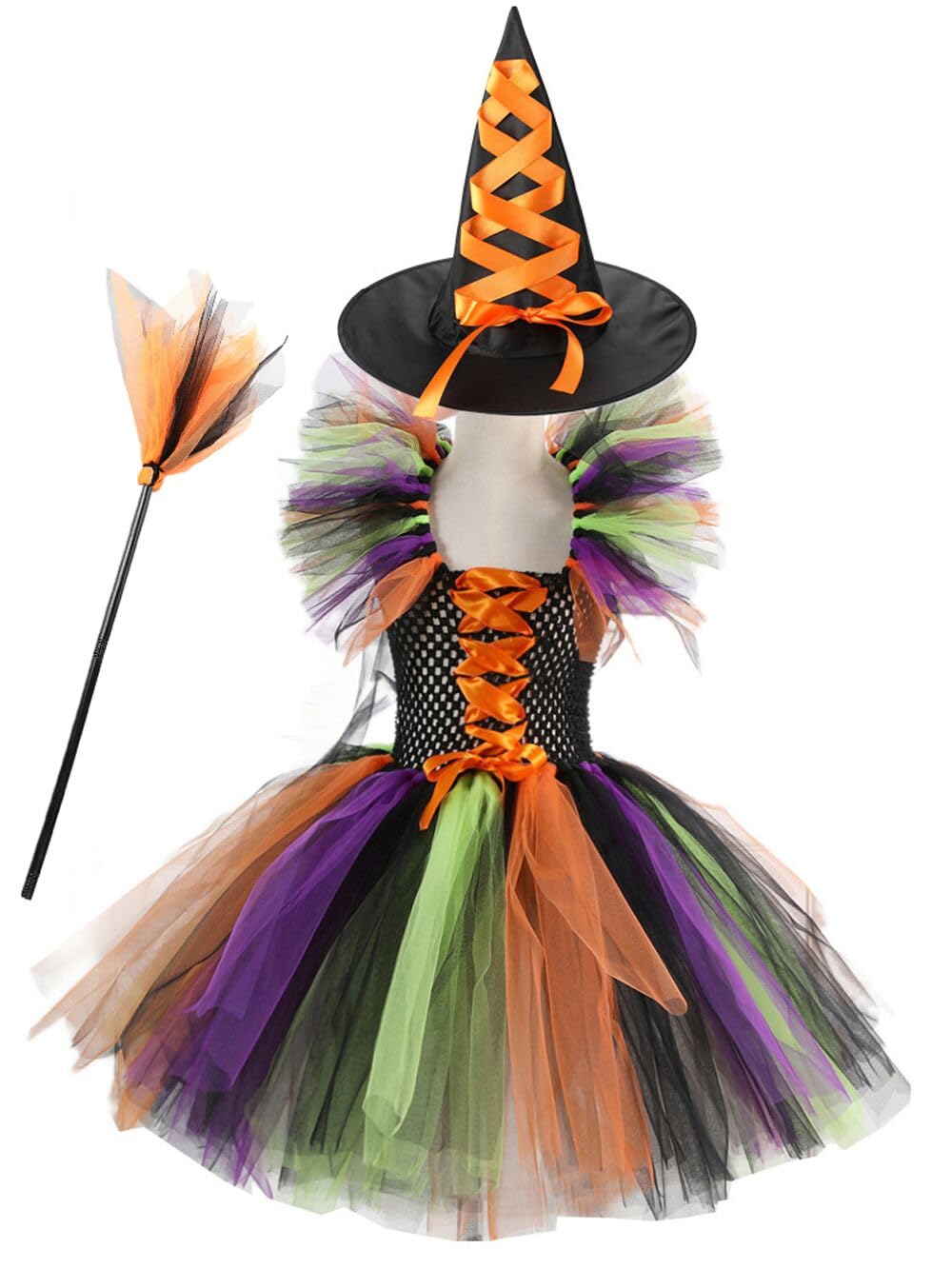 MOLFROA Handmade Girls Tutu Dress for Halloween with Witch Broom and Witch Hat Dress Up Dresses Set (Orange,4-5Y)