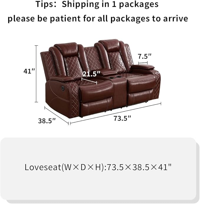 Leather Recliner Loveseat Set with LED Light, Power Leather Sectional Set, Living Room Furniture Sets 2 Seats, Modern Power Reclining Sofa Sets with Storage Console/Cup Holder for Living Room(brown)