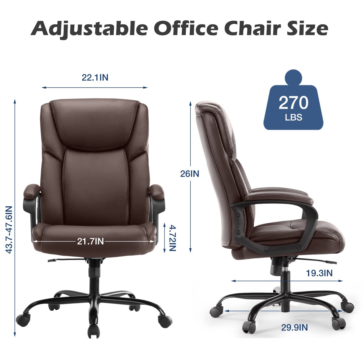 Executive Office Chair - Ergonomic Home Computer Desk Chair for Heavy People with Wheel, Lumbar Support, PU Leather, Adjustable Height & Swivel