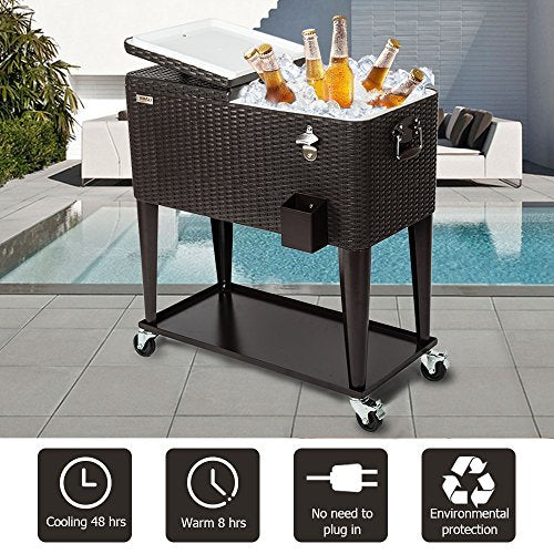 VINGLI 80 Quart Rolling Ice Chest, Portable Patio Party Bar Drink Cooler Cart, with Shelf, Beverage Pool with Bottle Opene...