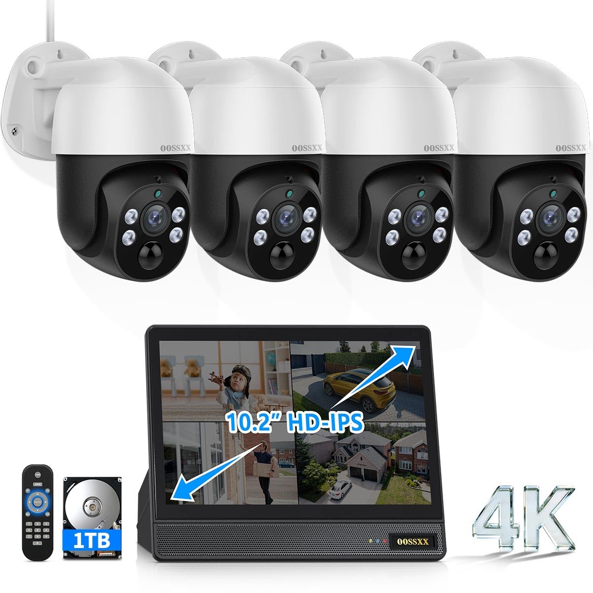 OOSSXX (2026 New) 4K PoE PTZ Security Camera System with 10.2'' Monitor, 8CH NVR, 4 Wired Outdoor Cameras, Pan Tilt Auto Tracking, AI Human Detection, Free App, No Monthly Fee, IP66