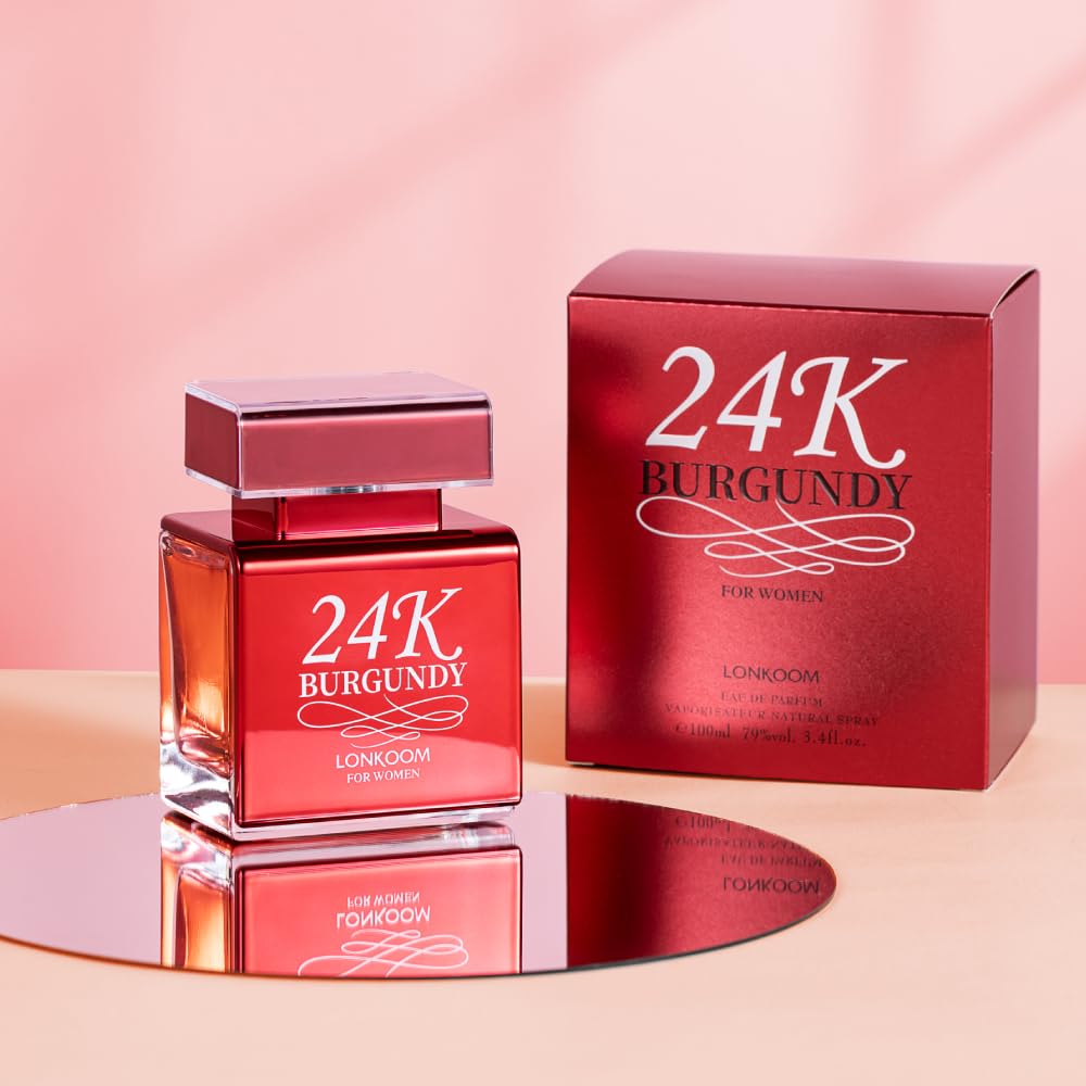 Lonkoom 24K Burgundy Perfume for Women, 3.4 Fl Oz/100ml Sweet Rose Eau de Parfum Spray Long-Lasting Fragrance, Oriental Floral Notes of Rose Orange Blossom Musk Vanilla Tangerine Bergamot Jasmine