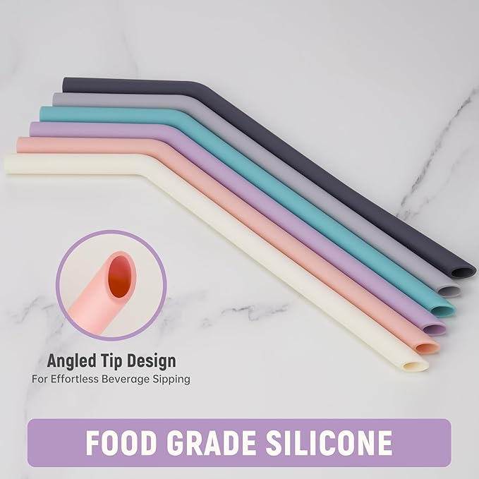 NiHome 6-Pack Reusable Bent Silicone Straws for Boba, Smoothies, Bubble Tea, 0.425" Eco-Friendly Bent Straws for Thick Drinks, Child-Safe, Customizable Length, 2 Brushes Easy Cleaning (Macaron)