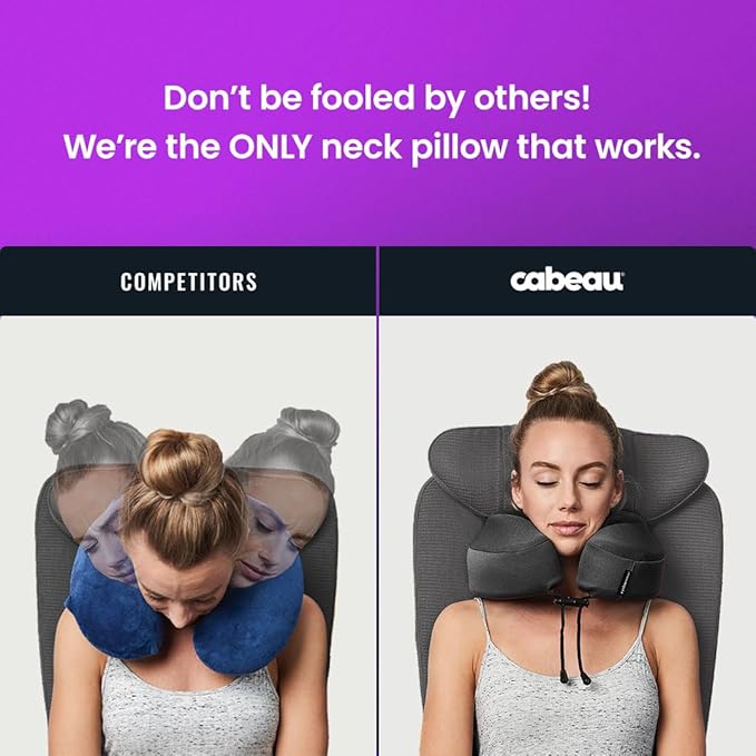 Cabeau Airplane Travel Pillow for Long Flights - Evolution S3 - Supportive Memory Foam with Seat Straps to Secure Your Head and Neck and Provides 360° Support (Steel Grey)