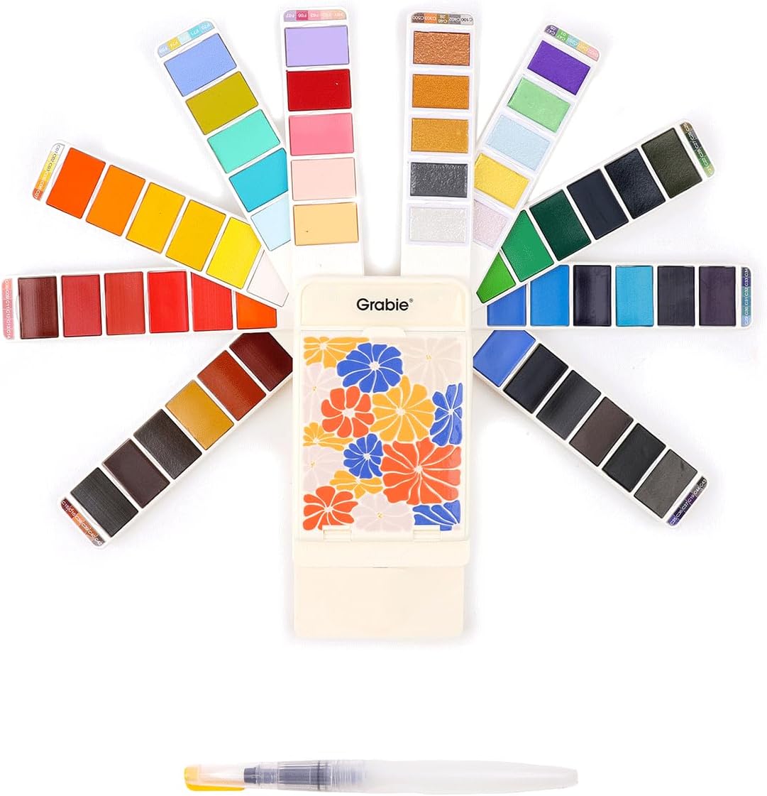 Grabie Watercolor Paint Set, 56 Colors Handheld Watercolor Set of Water Brush Pen, Palette and Removable Sponge, Portable Watercolor Paint for Artist Beginner and Professional