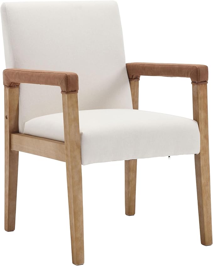 DM Furniture Mid Century Modern Dining Chairs Set of 4 Linen Fabric Upholstered Kitchen Chairs Comfy Accent Side Chairs with Solid Wood Frame Armchair for Living Room, Ivory