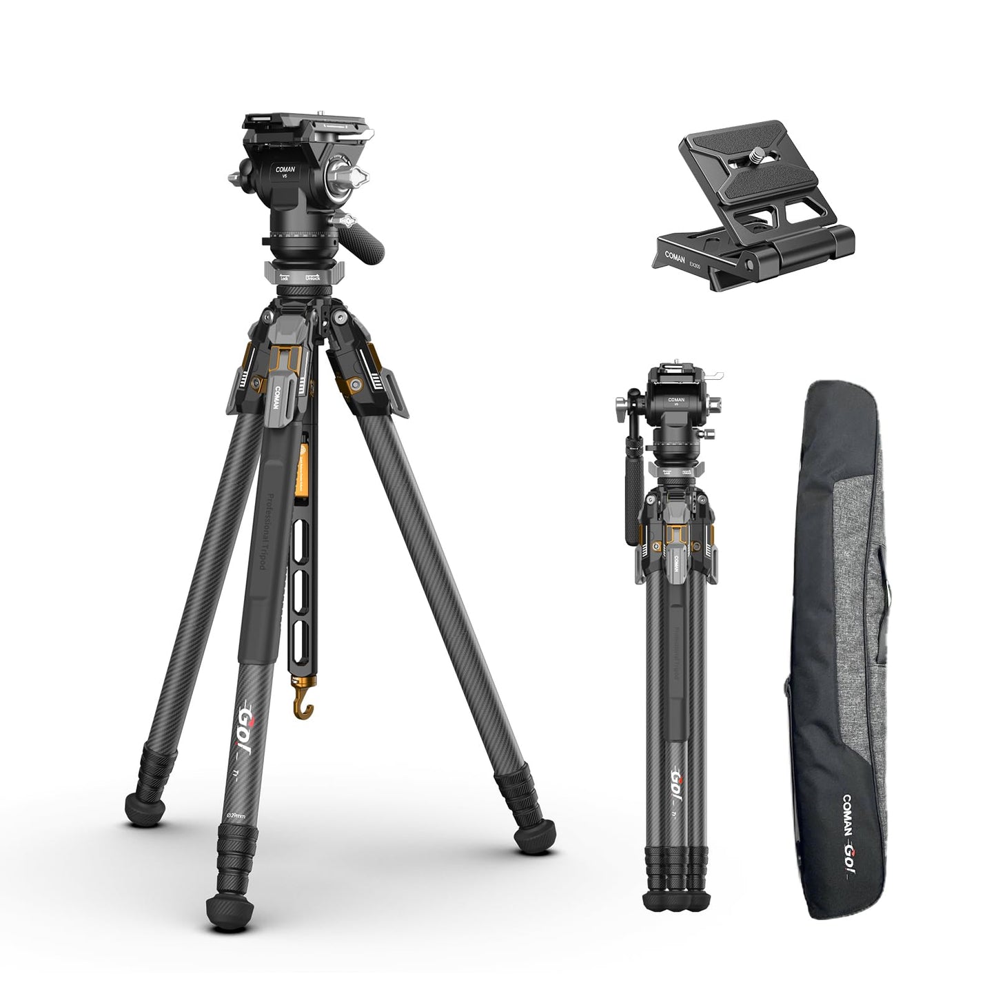 COMAN T1SV5 One-Snap Release Carbon Fiber Camera Tripod, 68.9" Adjustable Professional Tripod for Camera, Heavy Duty Camera Stand with V5 Fluid Head for Canon Nikon DSLR Telescope, Max Load 22 LB