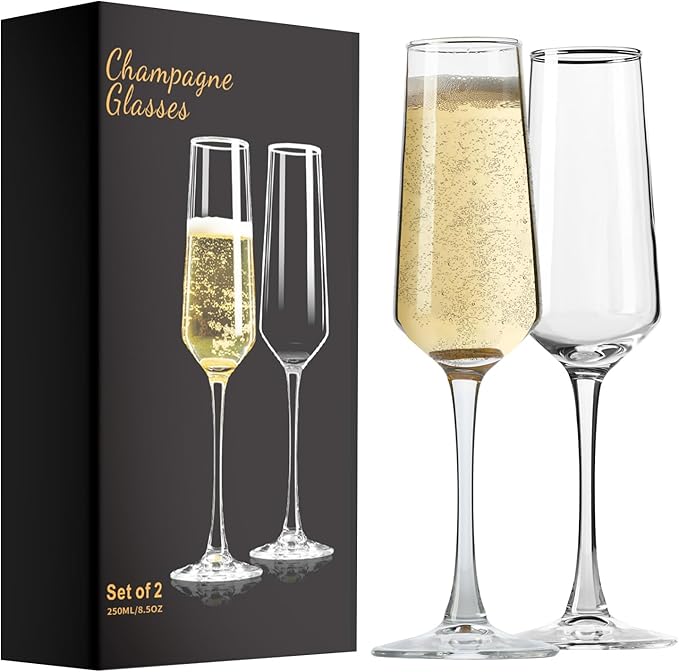 PARACITY Champagne Flutes, Champagne Glasses Set of 2, Elegant 8.5oz Glass Champagne Flutes, Gift for Birthday, Wedding, C...