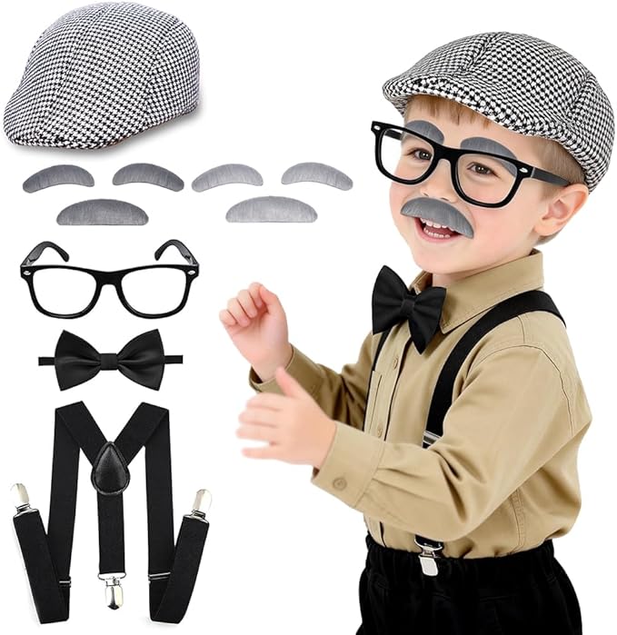 CONNICS 100 Day of School Costume for Boys,Old man dress up for kid – Grandpa Cosplay Costume Accessories