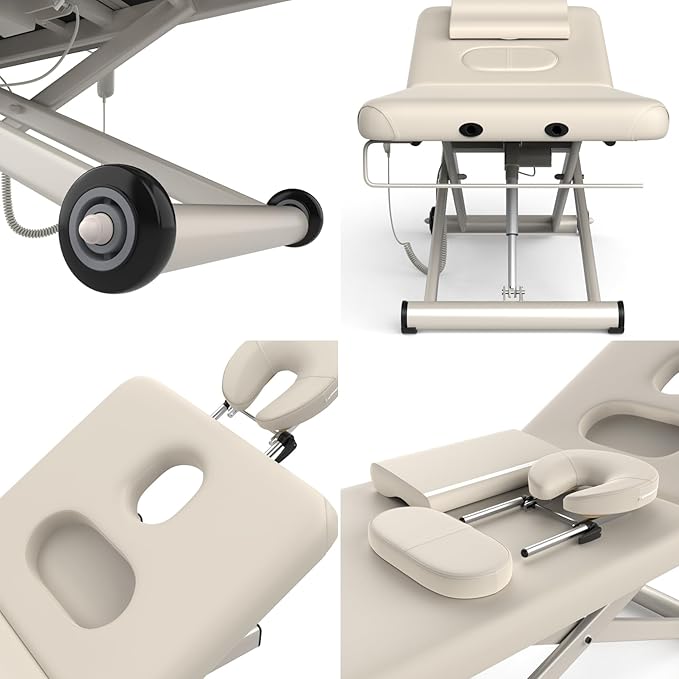 Heavy-Duty Electric Lift Massage Table with Electric Adjustable Backrest and Legs, Wide Physical Therapy Massage Bed with Wheels, Professional Spa Facial Bed, PU Leather, 32'' W × 75'' L