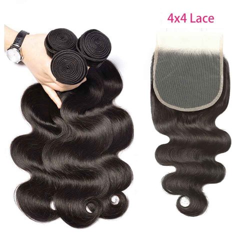 Human Hair Bundles with Closure 18 20 22+16 Inch Body Wave Closure with bundles 100% Brazilian Virgin 3 Bundles Human Hair Weave with 4x4 Free Part Lace Closures Natural Black