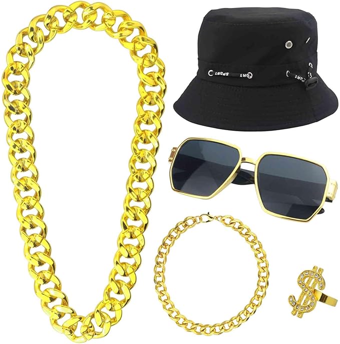 Hip Hop Costume Outfit Kit for Men Kids Boys - 80s 90s Rapper Themed Party Decorations Set 5pcs Old School Costume Set Hal...