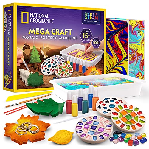 National Geographic Mega Arts and Crafts Kit for Kids – Mosaic Kit, Marbling Paint Kit & Air Dry Clay Pottery Kit – Art Pr...
