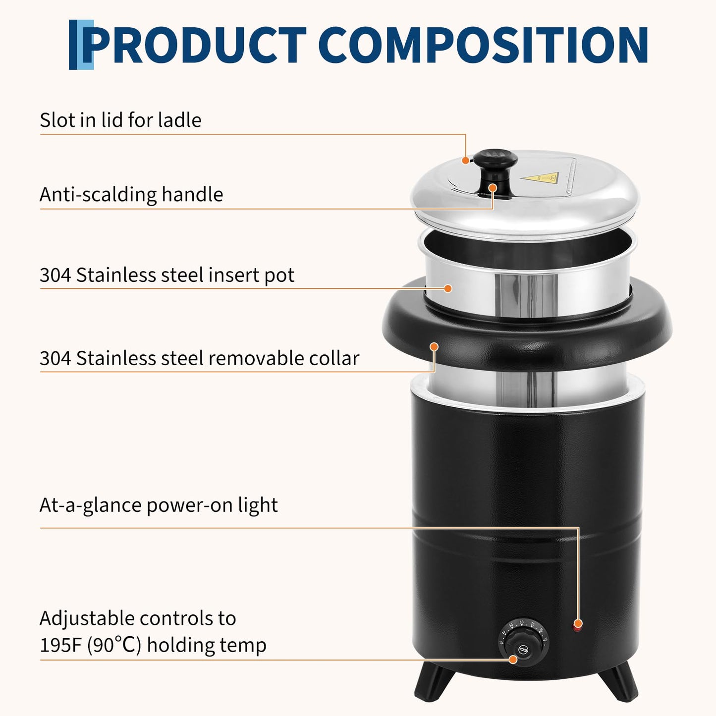 Garvee 10.5QT Commercial Soup Kettle, Automatic Soup Warmer with Anti-Scald Handle and Stainless Steel Removable Insert Pot for Large Banquet & Buffet, Built-in Hinged Lid