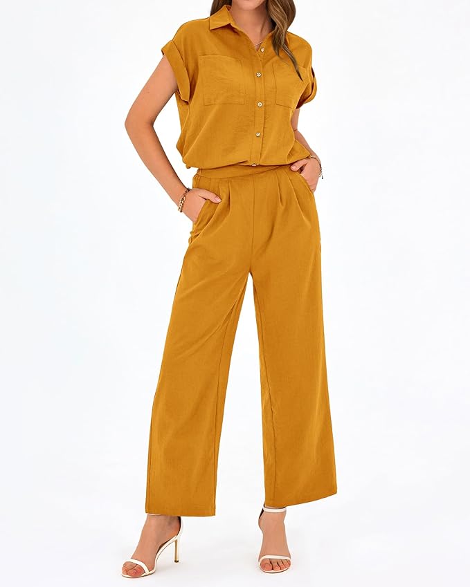PRETTYGARDEN Womens 2 Piece sets Summer Cap Sleeve Tops Palazzo Pants Dressy Casual Vacation Travel Outfits Tracksuits