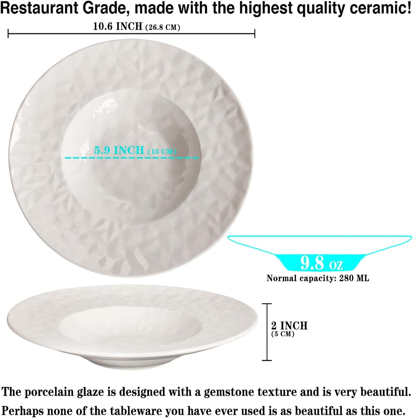 Porcelain Soup Bowls soup Plate Pasta Bowl Set of 4 Shallow Bowl Plates, 9.8 oz Rimmed Bowls with Rim, Microwave ovens and refrigerators safe Gemstone 10.6 Inch