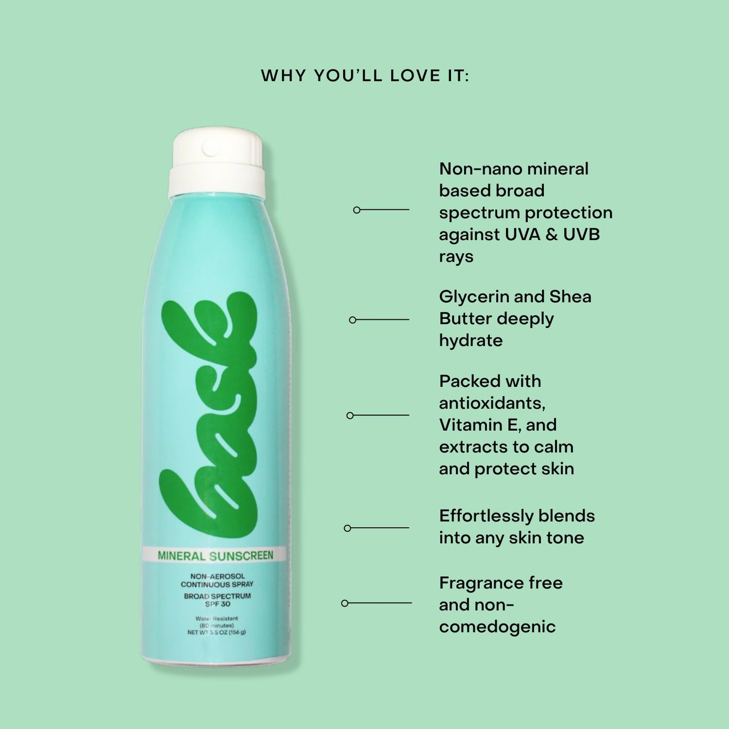 Bask Suncare SPF 30 Mineral Sunscreen Spray - Fragrance Free, Non-Aerosol, Broad Spectrum UVA/UVB Protection, Dermatologist Reco