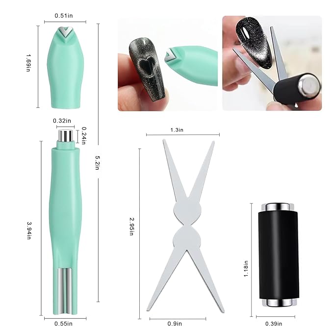 JERCLITY 1 Pieces Green Cat Eye Magnet for Nails 3 in 1 Heart Magnet for Cat Eye Gel Polish, Cylindrical Magnets with Scissor Shaped Tools for French Cat Eye Effect