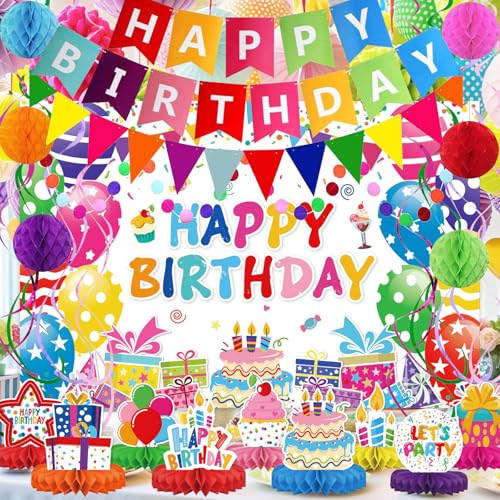 Birthday Decorations Kit, Happy Birthday Party Banner, Honeycomb Balls, Metallic Hanging Swirls, Circle Garland, Colorful ...