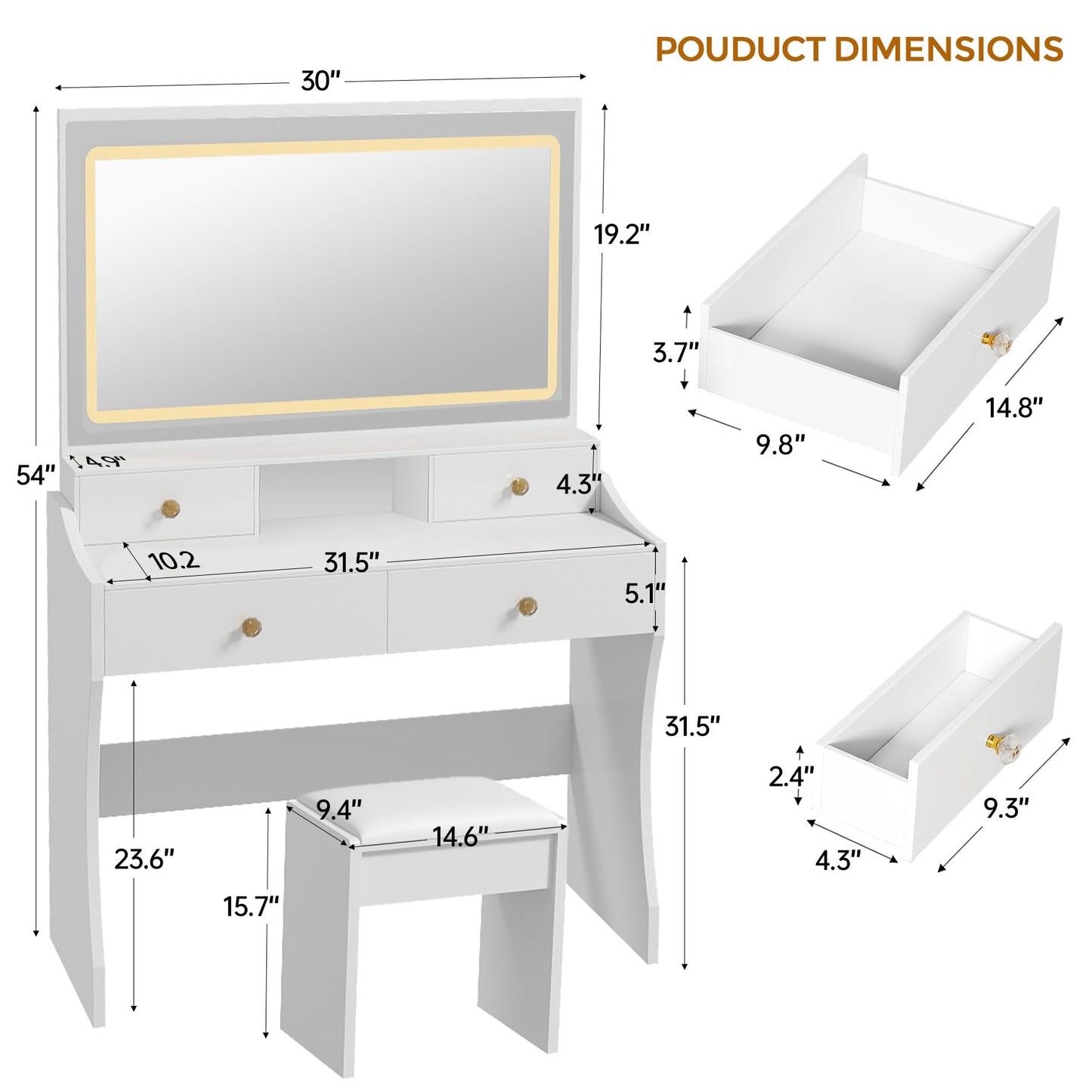 COMHOMA Makeup Vanity Desk with Mirror and Lights, Vanity Table and Chair Set with 5 Drawers and Charging Station, Bedroom Dresser LED Mirror Stepless Dimmable & 3 Color Modes Adjustable, Pure White