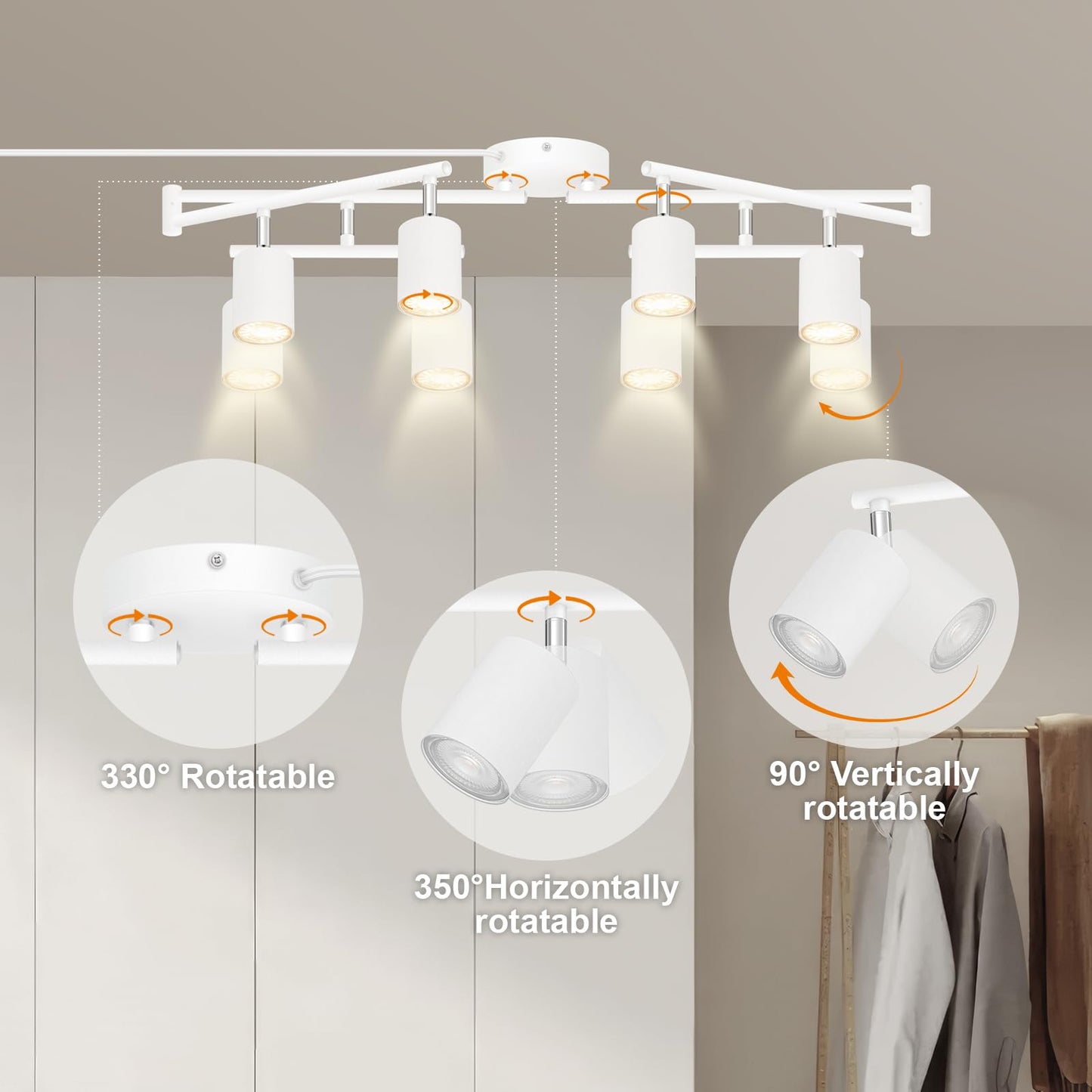 Plug in Track Lighting LED, Track Lighting Fixtures Ceiling, White 8-Light Kitchen Light Kit, Plug in Wall Light with 14.8ft Power Cord, Rotatable Ceiling Spotlight for Bedroom(GU10 Socket, NO Bulb)