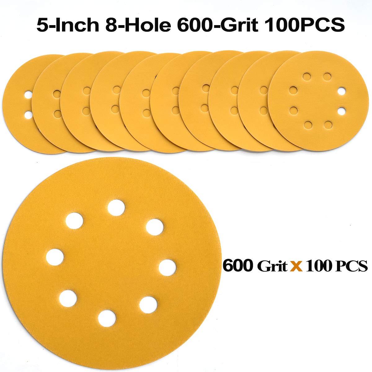 5-Inch 8-Hole Hook and Loop Sanding Discs 600-Grit Random Orbit Sandpaper, 100-Pack