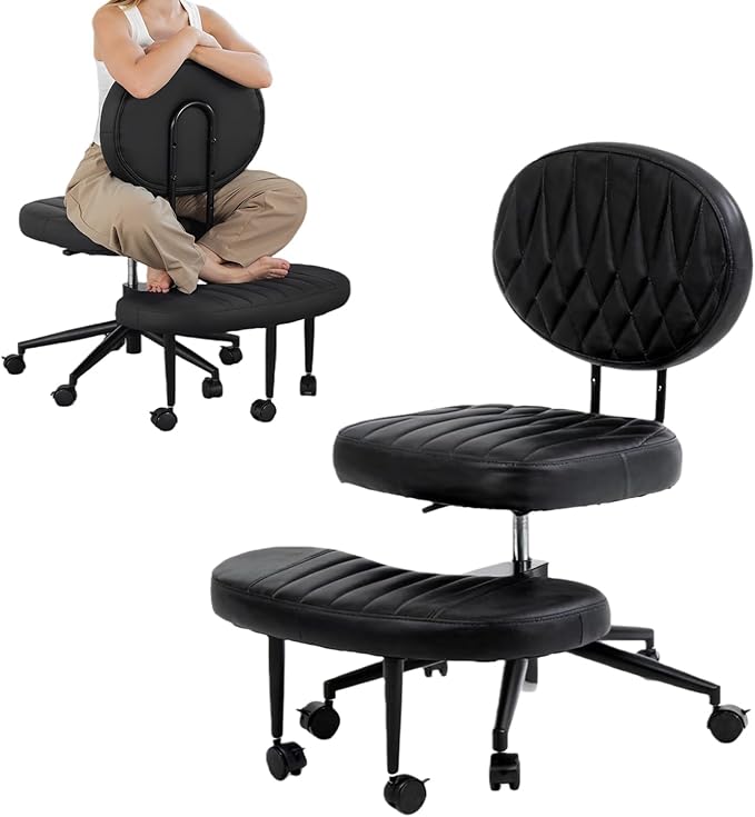 Ergonomic Cross Legged Office Chair with Wheels, Wide Seat and Backrest for Meditation, ADHD Cross Legged Office Chair with Adjustable Height, 360°Rotating Footrest for Yoga Home Office
