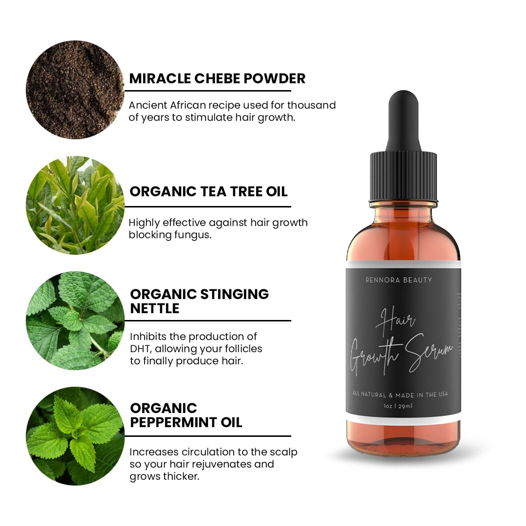 Rennora Hair Growth Serum with Organic Herbs and Natural Vitamins, Peppermint Oil, Stinging Nettle, and Rosemary Oil, No Chemicals, Formulated for Hair Regrowth (4 Pack - 120 Day Supply)