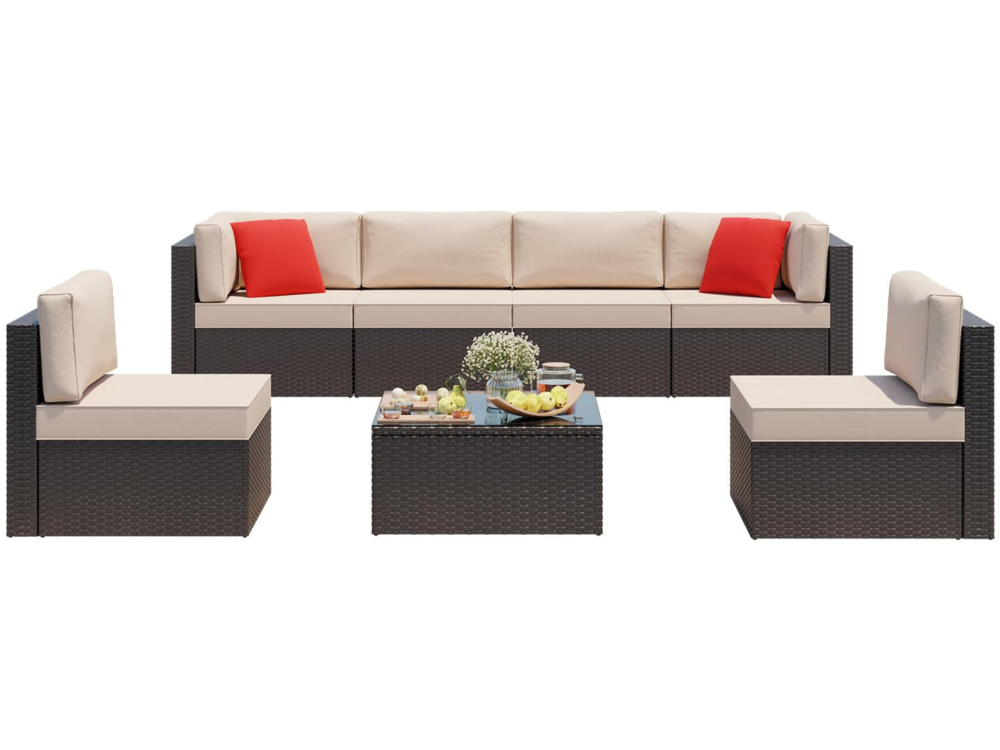 Vongrasig 7 Pieces Patio Furniture Sets, Outdoor Modular Sectional Sofa Patio Conversation Set PE Rattan Wicker Sectional Couch with Cushion, Glass Table for Patio, Garden, Poolside, Beige
