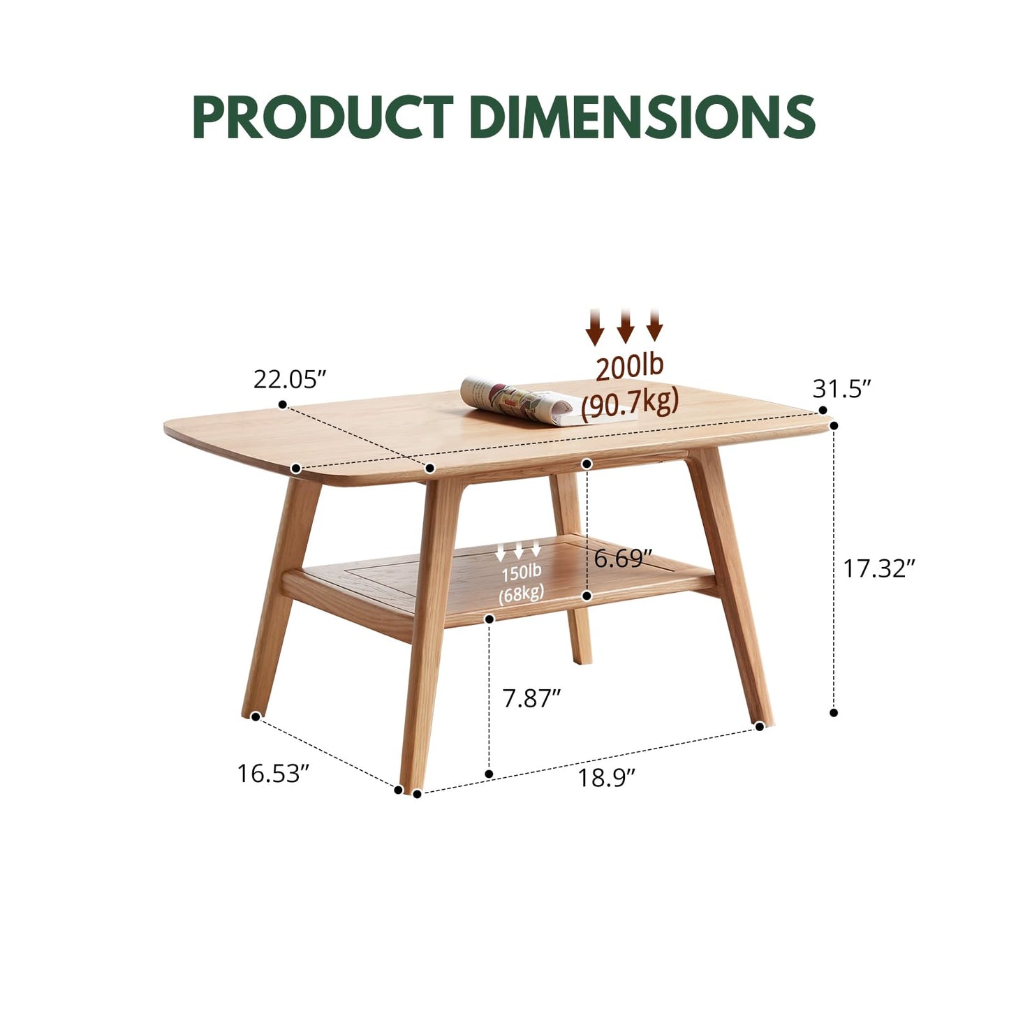 Bamskov Wood Coffee Table - 100% Solid Oak Wood - Double Storage Coffee Table, Eco-Friendly Finish Center Table - Easy Assembly (Natural, 31.49" D x 19.68" W x 17.32" H)