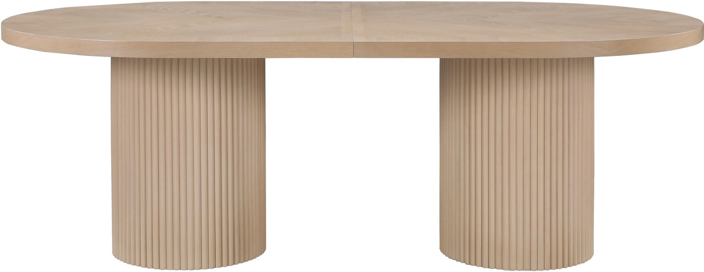 Meridian Furniture 725Oak-T Belinda Collection Mid-Century Modern Solid Wood White Oak Veneer Dining Table, Oval Design, Fluted Bases, 2 Leaves Included, 90"/106.5"/123" W x 47.5" D x 31" H, White