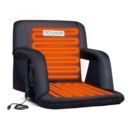 PEXMOR Heated Stadium Seats w/Back Support 3 Level Heating, 5 Reclining Positions Portable Bleacher Chair w/Cushion & Armrest, w/2 Pockets, Carrying Bag, No Battery