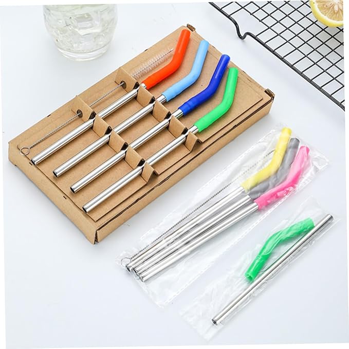 Stainless Steel Drinking Straws Set with Mixed Color Silicone Covers and Cleaning Brush Reusable Straws for Smooth Beverage Flow Rust-resistant Material Kit