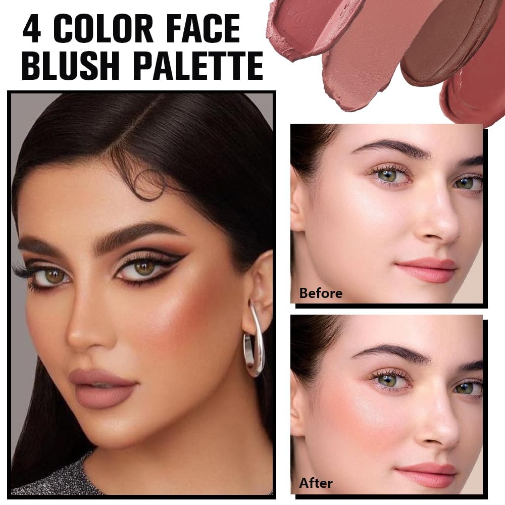 HHLTOH Matte Blush Cream Quads Makeup Palette, Blushes for Older Women Lip and Cheek Dual Blush Palette, Natural Lasting Pinkish
