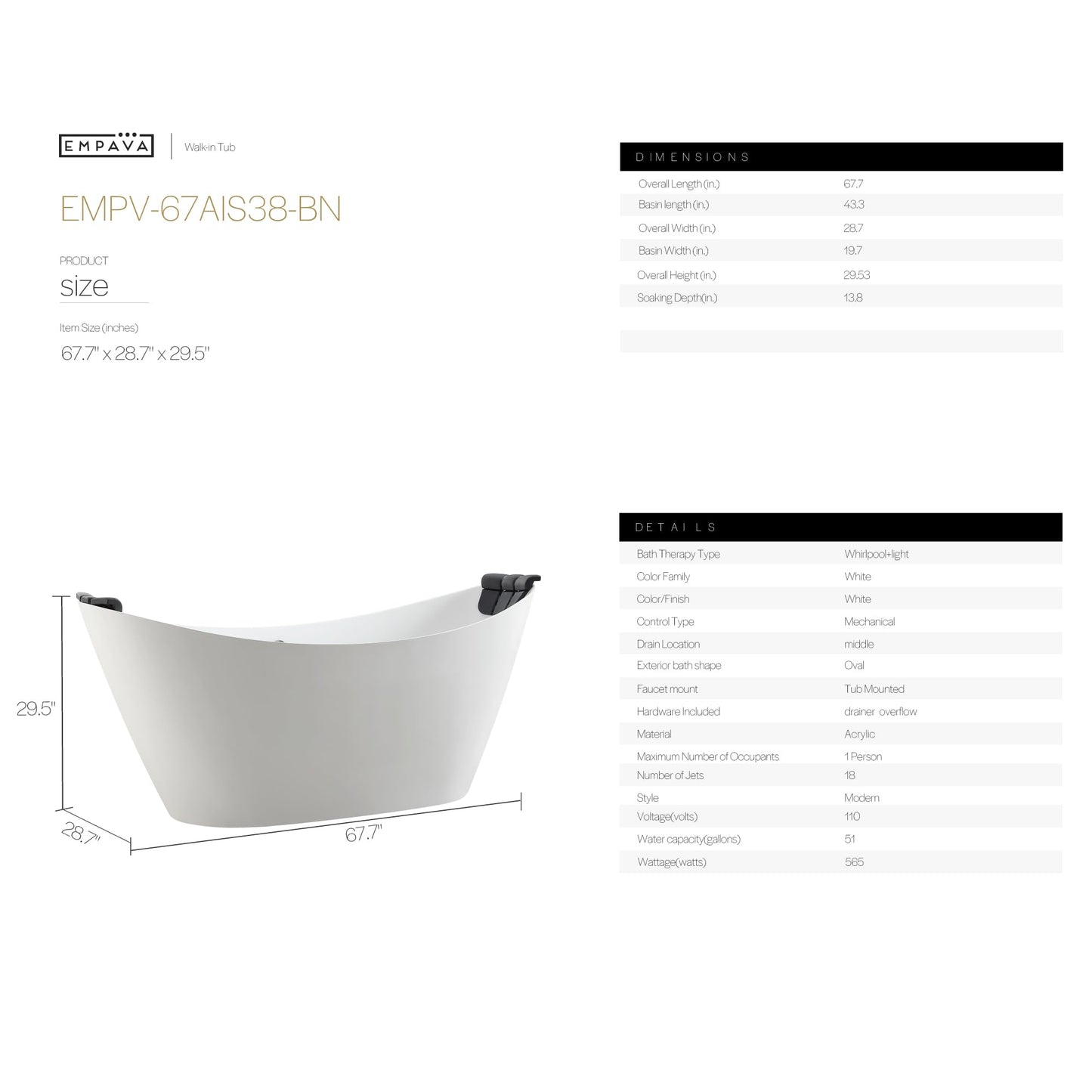 Empava Upgrade Acrylic Whirlpool Bathtub, 67-Inch Freestanding Boat Shaped Jetted Bathtub with Healing Chromotherapy, 18 Hydromassage Jet, Double-Ended Massage Bathtub with Two Black Pillows