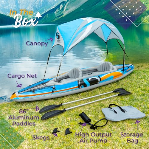 Sunlite Sports 2-Person Inflatable Kayak with Aluminum Oars (136" x 33"), High Output Air Pump and Storage Bag, Double Tan...