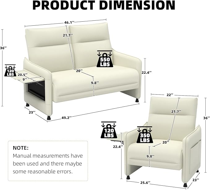 Tbillionnext 3-Piece Living Room Sofa Set, Faux Leather Loveseat & Accent Chairs Set of 2 with Hidden Foldable Tray & Side Pocket, Rear Contour Arm Design, Upholstered Sofa Set for Office, Beige