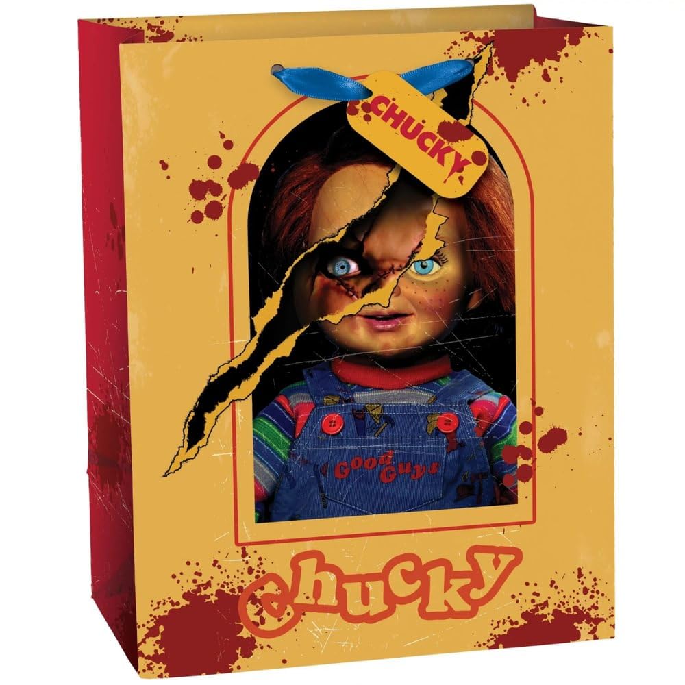 Amscan Creepy Red & Yellow Chucky Medium Gift Bag - 9" X 7" (1 Pc.) - Spooky Design, Perfect for Halloween Parties, Trick-or-treating, or Horror-themed Events